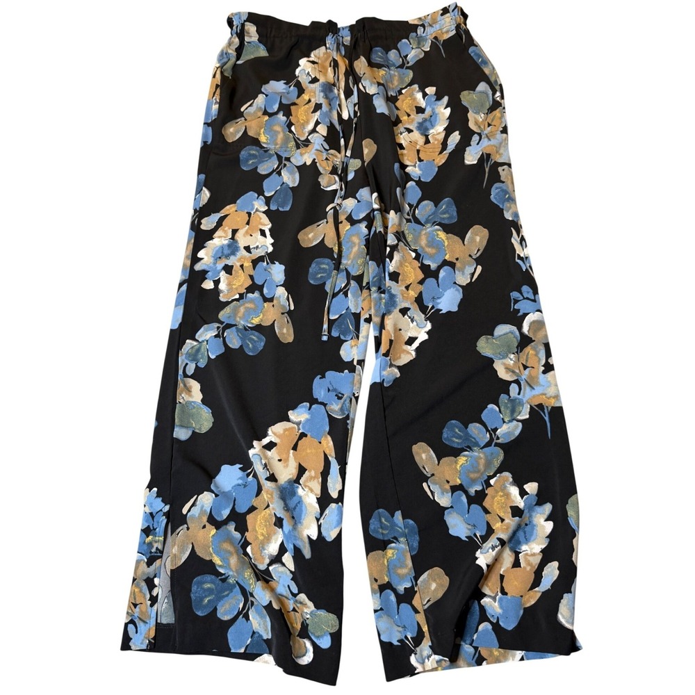 Jules & Leopold Floral Wide Leg Pull On Crop Pants Black Blue CHU24829 Small